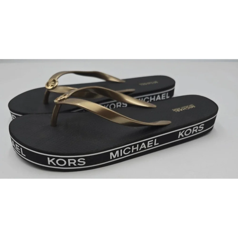 MICHAEL KORS Graphic Flip-Flop Sandals Slide On Thong Size 38 Brown Gold